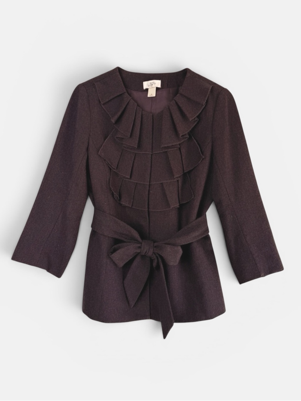 LOFT Plum Wool Blend Tiered Pleat Belted Blazer 3/4 Sleeve Tailored Fit Size 8